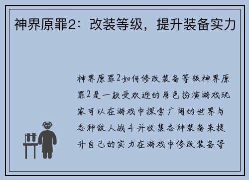 神界原罪2：改装等级，提升装备实力