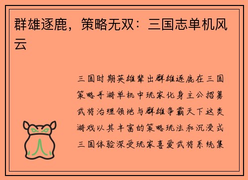 群雄逐鹿，策略无双：三国志单机风云